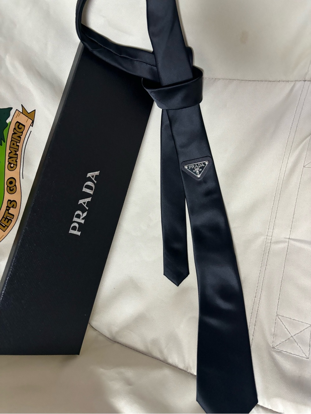 Prada Black Silk Narrow Tie with Triangle Logo Patch